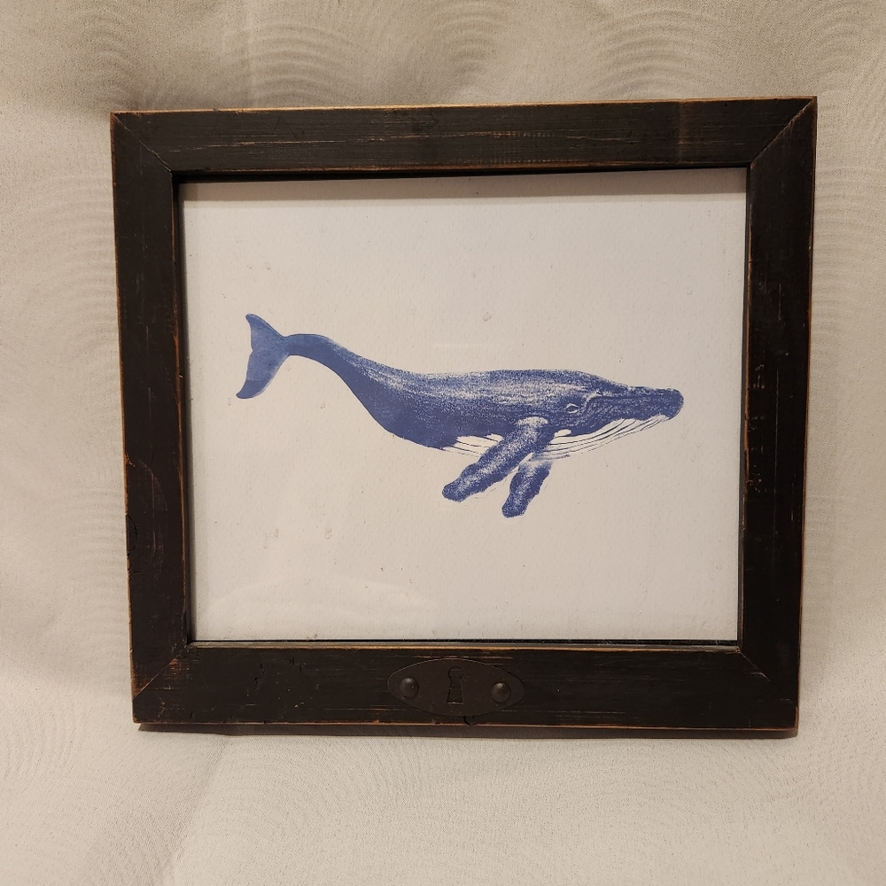 Wood framed blue ink print gray whale